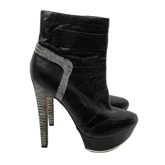 L.A.M.B. | Dorene Black Leather High Stiletto Heel Platform Booties - Picture 2 of 9